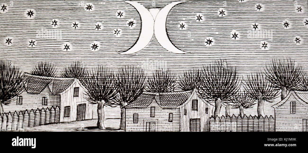 Woodblock stampa raffigurante la grande cometa di 812 direttamente in avvicinamento alla Terra. La mezzaluna forme sono davvero streamers dalla coda visto con testa, la parte centrale dei semiperni e la chiazza bianca al di sopra di loro congiunzione è la testa della cometa. Risalenti al XVII secolo Foto Stock