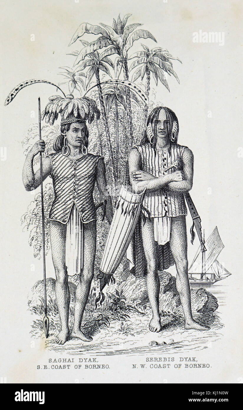 Incisione raffigurante Dayak maschi di eseguire le attività quotidiane. Un Dayak è un membro di un gruppo di popolazioni indigene che abitano le parti del Borneo. Datata del XIX secolo Foto Stock