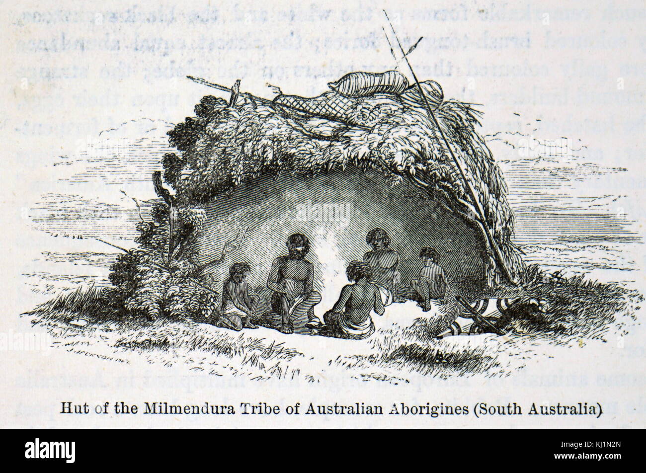 Incisione raffigurante aborigeni australiani della tribù Milmendura nel loro rifugio. Datata del XIX secolo Foto Stock Incisione raffigurante aborigeni australiani della tribù Milmendura nel loro rifugio. Datata del XIX secolo Foto Stock