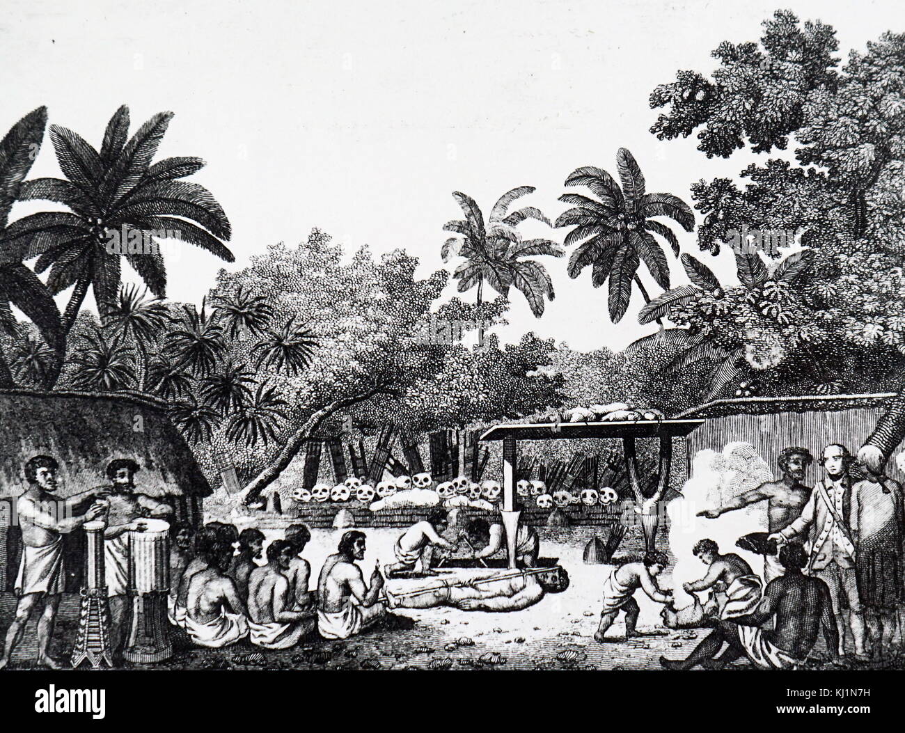 Incisione raffigurante il Capitano James Cook assistendo a un sacrificio umano a Tahiti. James Cook (1728-1779) un esploratore britannico, navigator, cartografo, e capitano della Royal Navy. Datata del XIX secolo Foto Stock