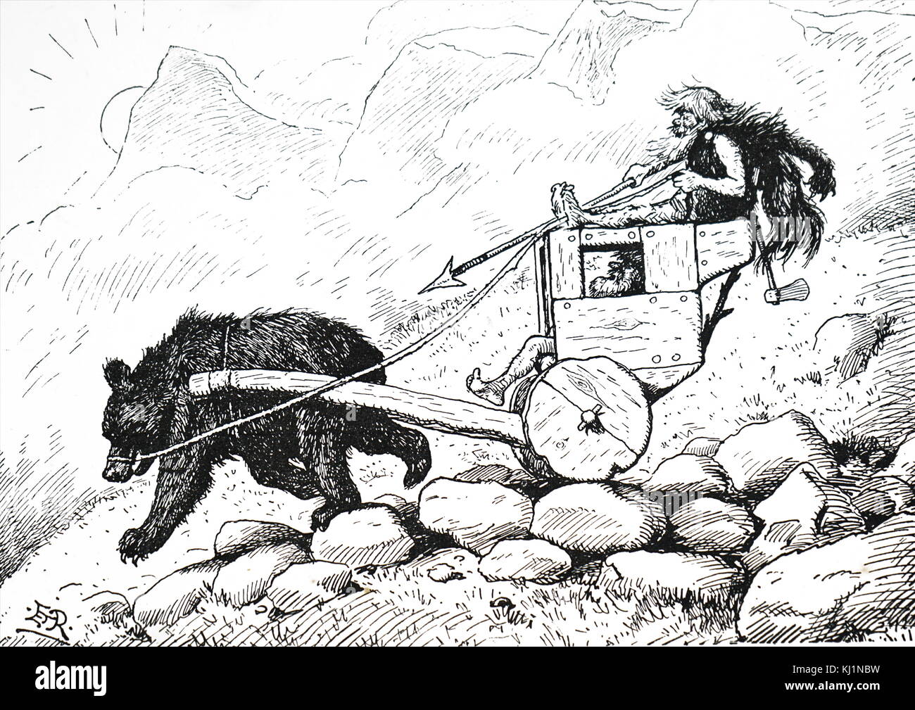Cartoon raffigurante una vista satirico di pre-storico guida gli uomini un orso per tirare un carro circa 1890 Foto Stock