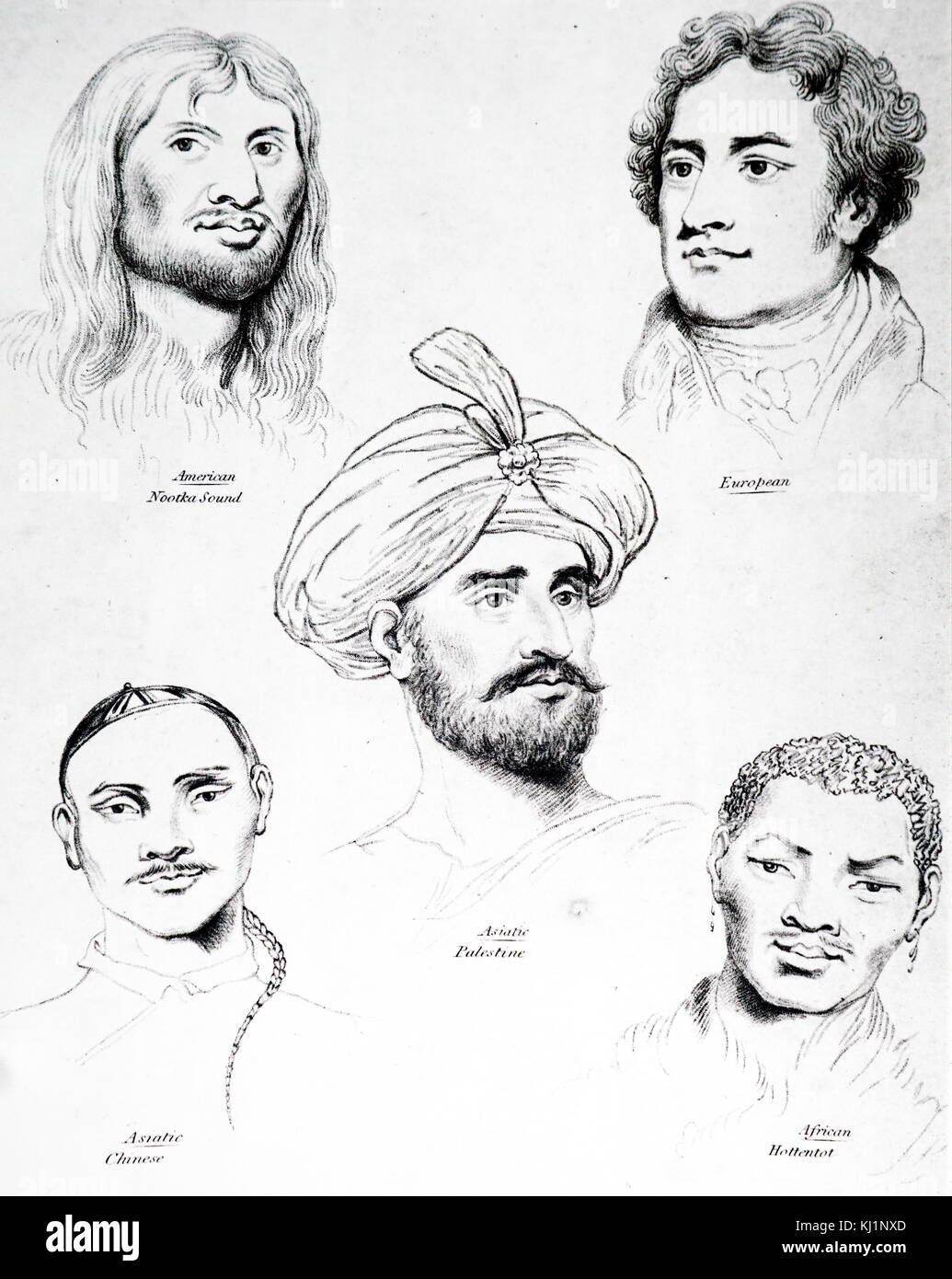Incisione raffigurante i profili dei diversi tipi razziali. Datata del XIX secolo Foto Stock