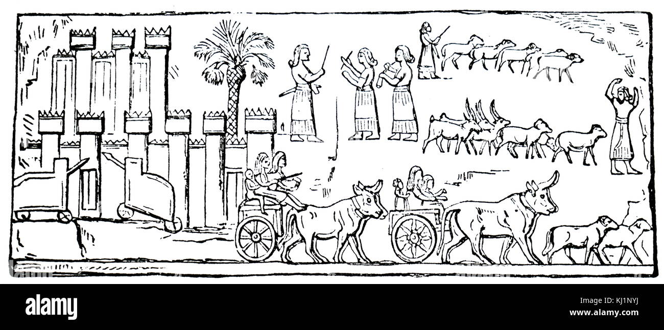 Incisione di un bassorilievo raffigurante l'evacuazione di una città assira. Datata del XIX secolo Foto Stock