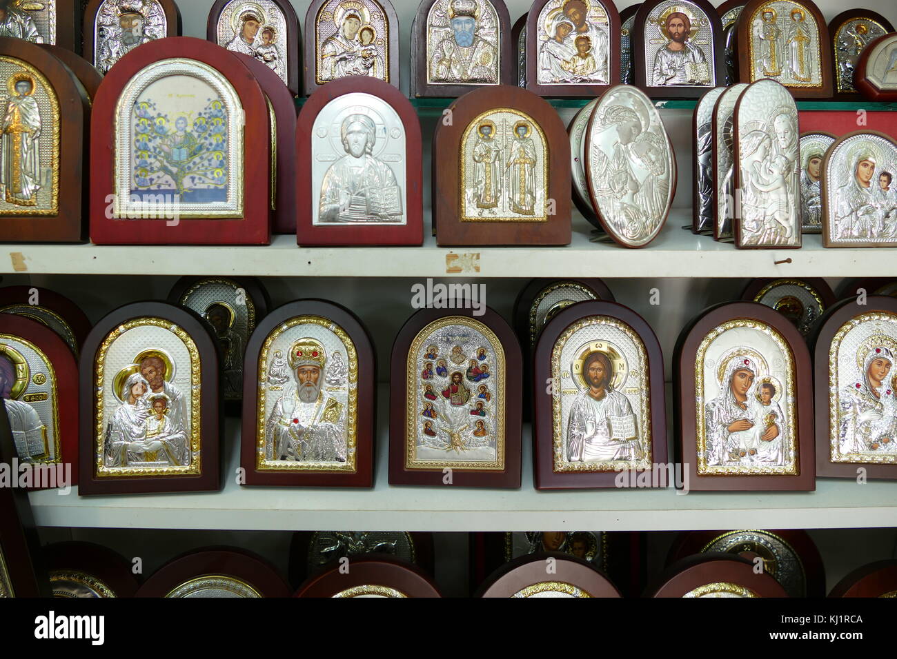 Greco-ortodossi, icone cristiane (xx secolo); Betlemme, Palestina Foto Stock