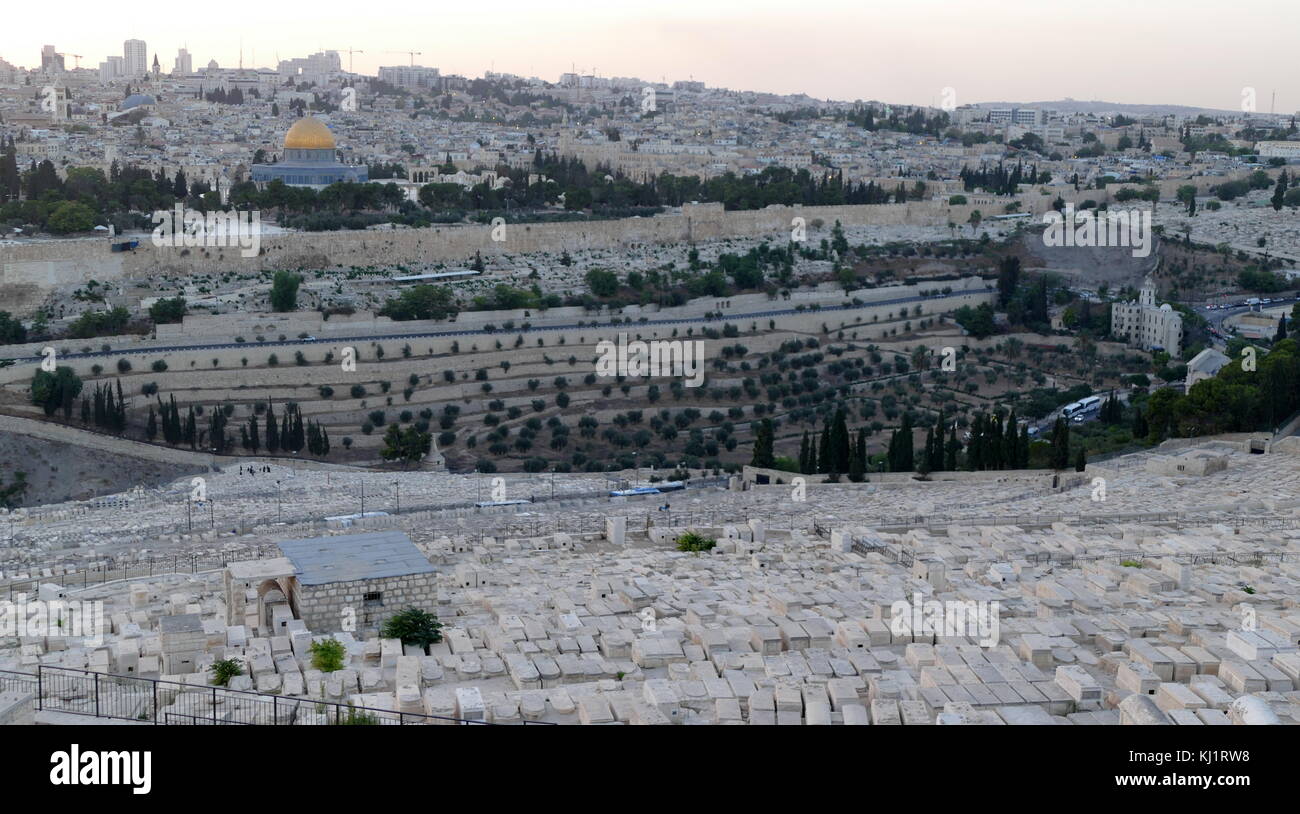 Vista dal Monte degli Ulivi di fronte il torrente Kidron, Gerusalemme, Israele. In primo piano è il cimitero ebraico sul Monte degli Ulivi, tra cui la necropoli Silwan, è il più antico e il più importante cimitero in Gerusalemme. Sotterramento sul Monte degli Ulivi è iniziato oltre tremila anni fa nel primo periodo del Tempio e continua a questo giorno Foto Stock