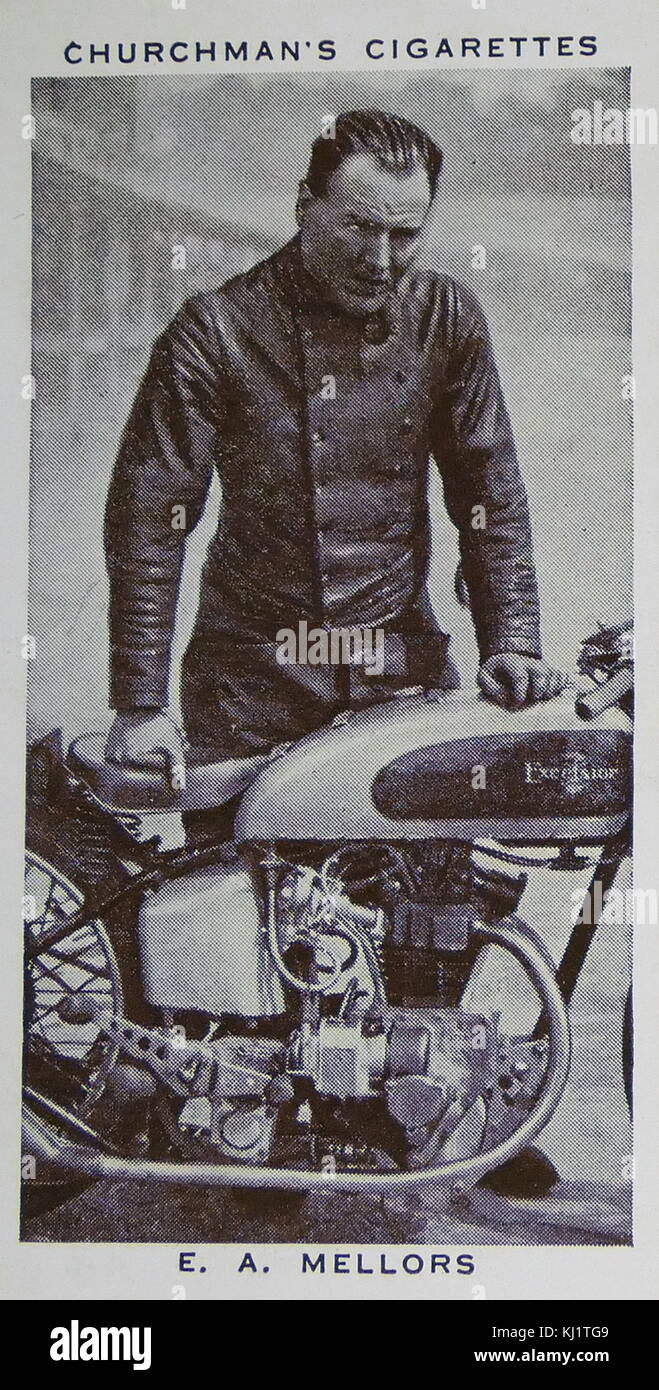 Churchman re della serie di velocità carta di sigaretta raffigurante Edward Ambrogio Mellors (1907 - 1946), un inglese international motorcycle road racer che cavalcava nel Manx Grand Prix in 1927 e l'Isola di Man TT dal 1928 al 1939. Egli era il 350 cc Campione Europeo nel 1938, ma morì nel 1946, superati dai fumi di scarico mentre si lavora in una nuova casa è scarsamente ventilata garage. Foto Stock