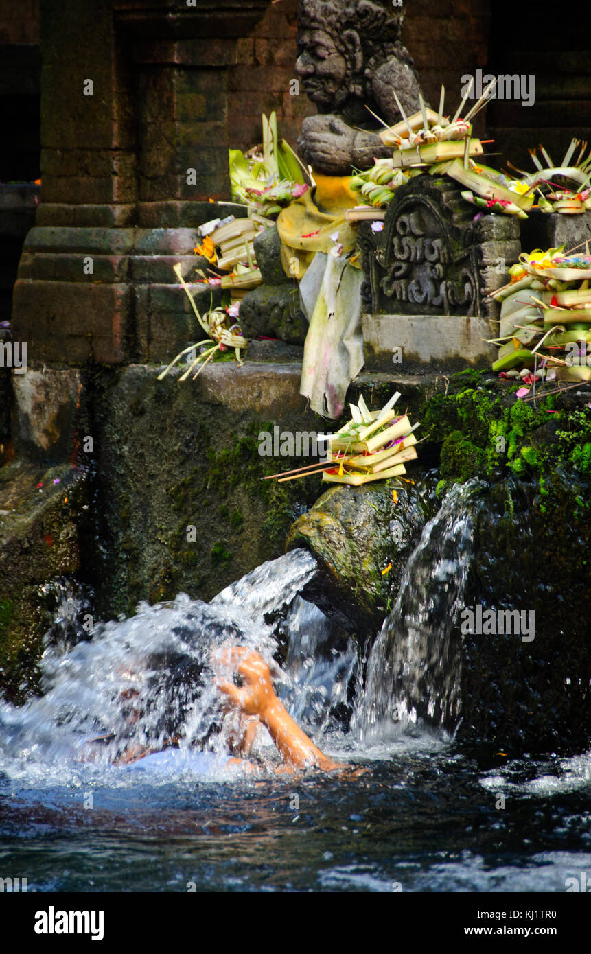 Le donne si impegnano rituale di purificazione a Tirta Empul, un Indù molla santo tempio di acqua situato vicino alla città di Tampaksiring Bali Foto Stock