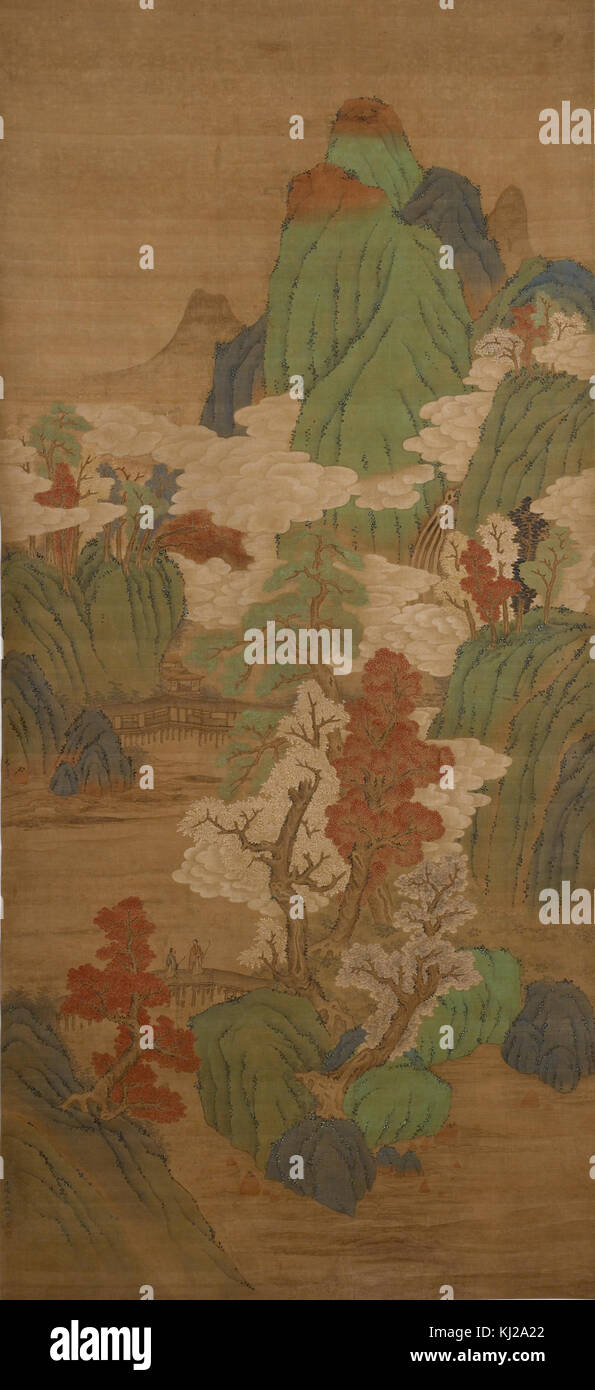 Il dipinto 'paesaggio autunnale in stile blu e verde' rappresenta l'arte tradizionale del paesaggio cinese, usando toni blu e verdi per rappresentare una serena scena autunnale, mettendo in mostra lo stile classico della pittura a inchiostro e acquerello cinese. Foto Stock