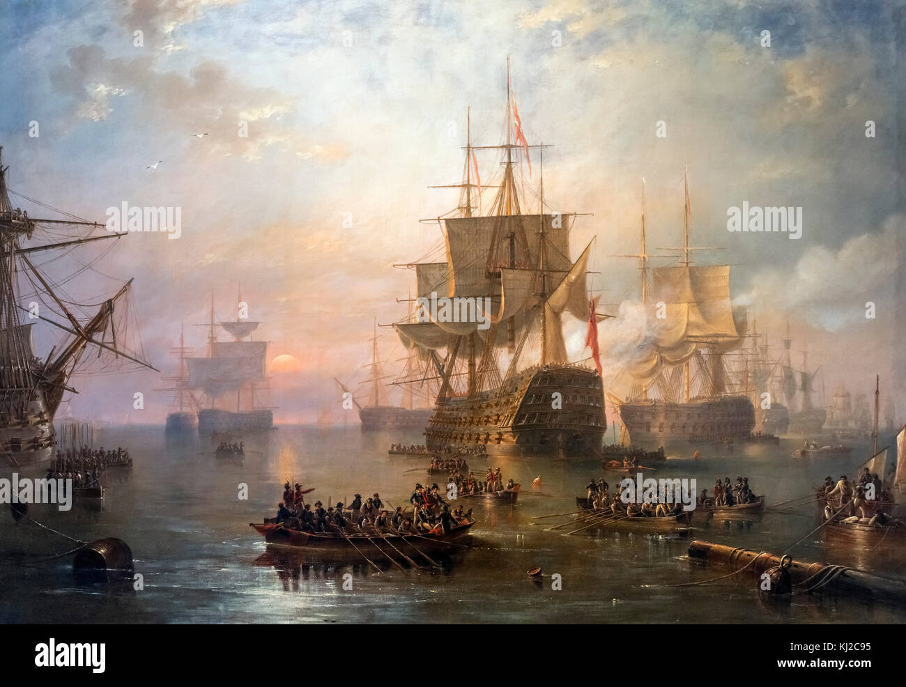 "HMS Victory off l'Isola di Wight da John Winston Carmichael, olio su tela, 1847. Il dipinto mostra HMS Victory di ritorno dalla battaglia di Trafalgar con il corpo di Nelson a bordo. Foto Stock