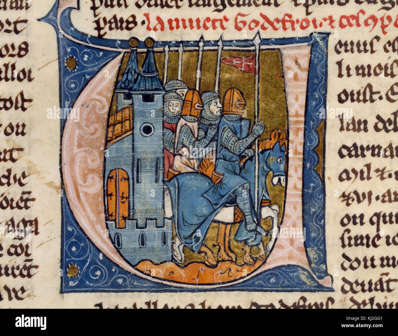 Francese - iniziale V con Godefroy de Bouillon e quattro cavalieri - Walters W13715R - dettaglio Foto Stock