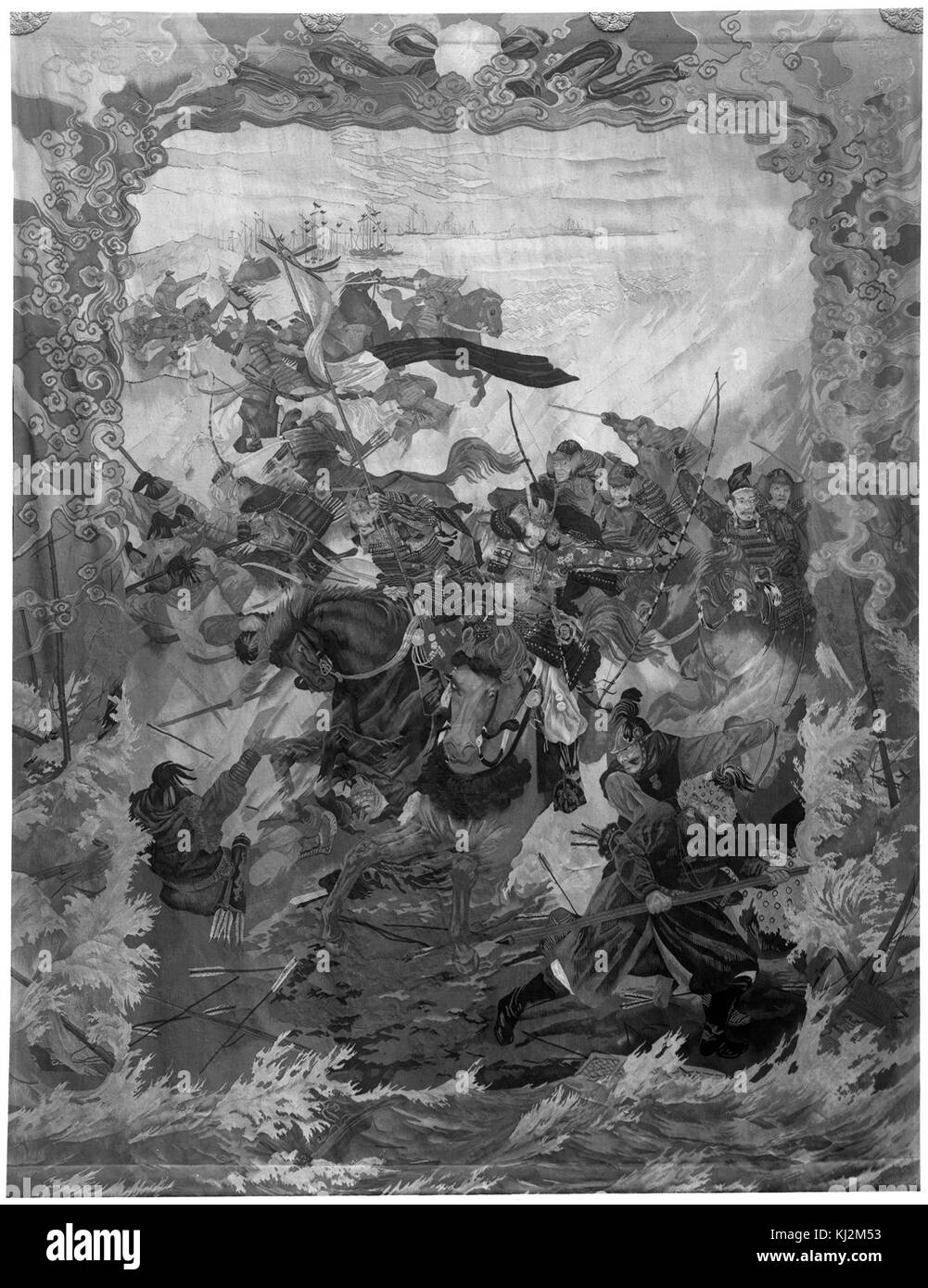 L'opera d'arte "Morizumo Yugyo - The Mongol Invasion" illustra una scena storica delle invasioni mongole, offrendo una rappresentazione visiva di questo evento significativo nella storia. Foto Stock