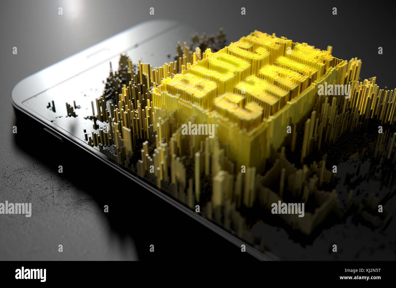 Una microscopica closeup concetto di cubetti in un layout casuale che costruire fino a formare le parole della catena di blocco illuminato su un generico smartphone - 3d r Foto Stock