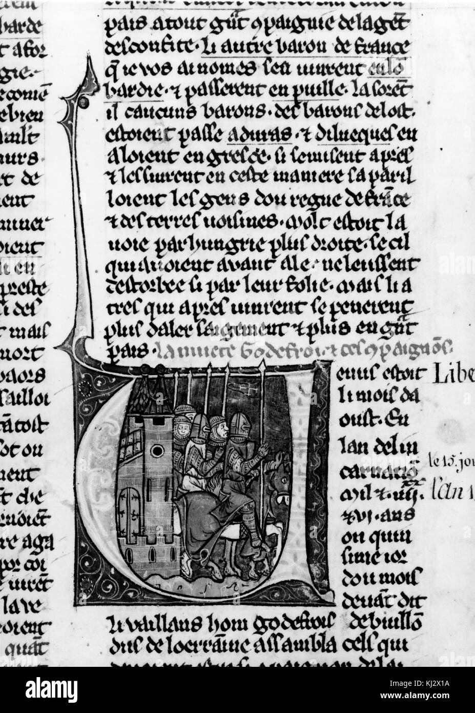 Francese - iniziale V con Godefroy de Bouillon e quattro cavalieri - Walters W13715R - Pagina completa Foto Stock