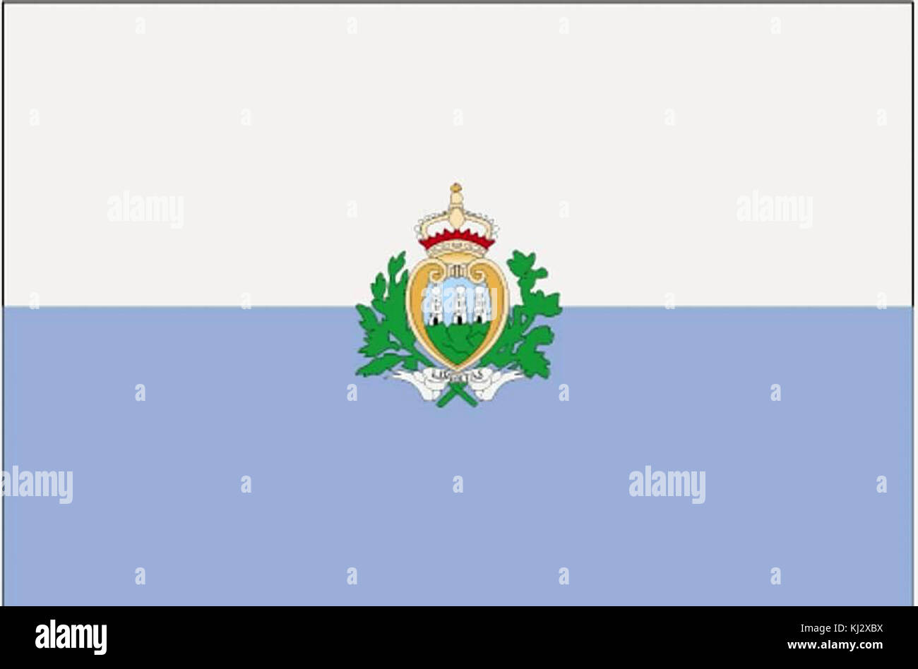 La bandiera di San Marino presenta due fasce orizzontali, bianche sulla parte superiore e blu sulla parte inferiore, con al centro lo stemma di San Marino. Simboleggia la sovranità e le tradizioni storiche del paese. Foto Stock