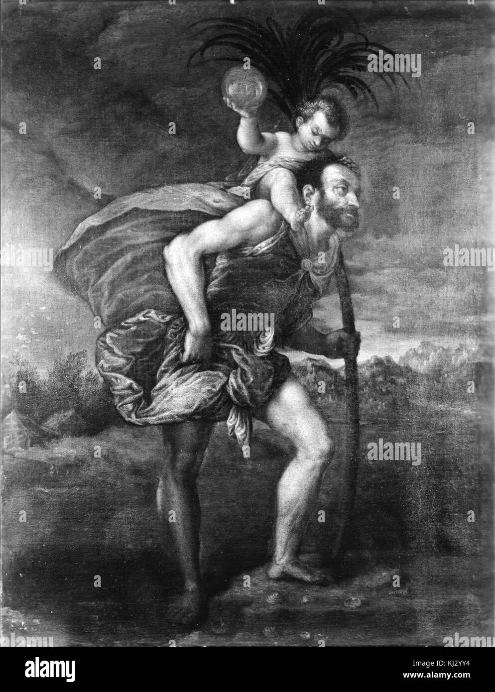 Questa opera d'arte di Leandro Bassano, "St. Christopher", fa parte della collezione del Walters Art Museum. Rappresenta il santo che trasporta il Cristo bambino attraverso un fiume, tipico dell'arte religiosa rinascimentale, dimostrando l'abilità di Bassano nel rappresentare temi sacri con profondità emotiva e realismo. Foto Stock