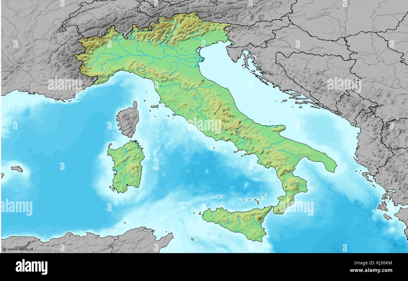 Una mappa vuota dell'Italia senza etichette, che mostra il profilo geografico, i confini regionali e la forma fisica del paese. Foto Stock