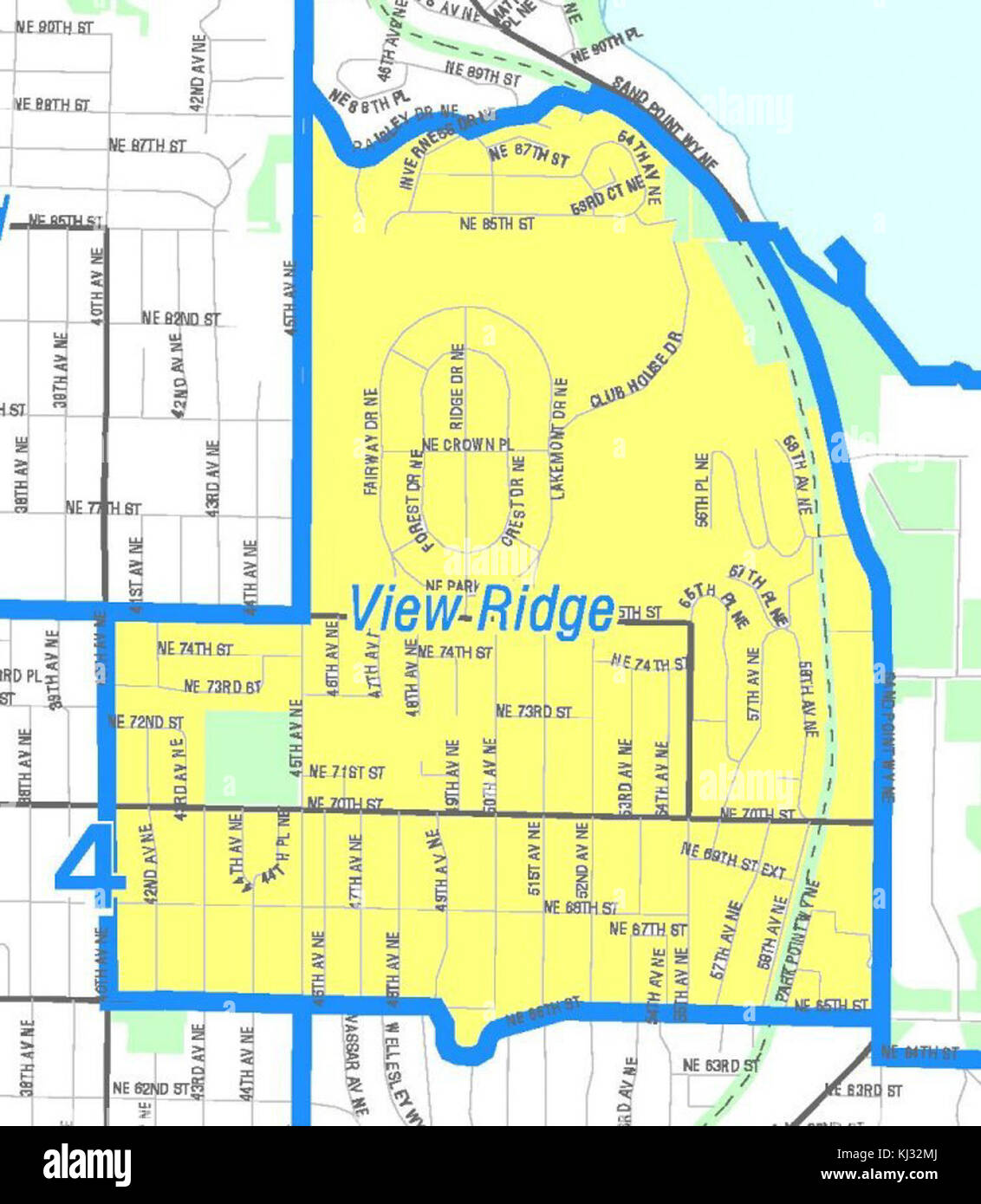 Una mappa di View Ridge, un quartiere di Seattle, Washington. La mappa fornisce un layout geografico dell'area, evidenziando strade, monumenti e caratteristiche naturali della regione. Foto Stock
