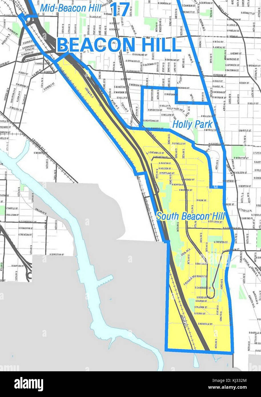 Una mappa storica di South Beacon Hill a Seattle, che mostra la disposizione geografica dell'area all'inizio del XX secolo. La mappa evidenzia le zone residenziali e industriali di questo quartiere urbano. Foto Stock
