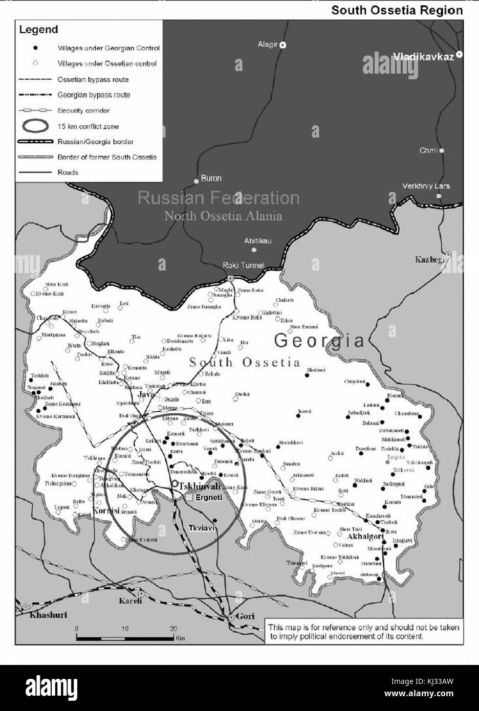 Questa mappa dettagliata della regione dell'Ossezia meridionale fornisce informazioni geografiche sul paesaggio politico e naturale dell'area contesa, comprese le città, i confini e i punti di riferimento principali. Foto Stock