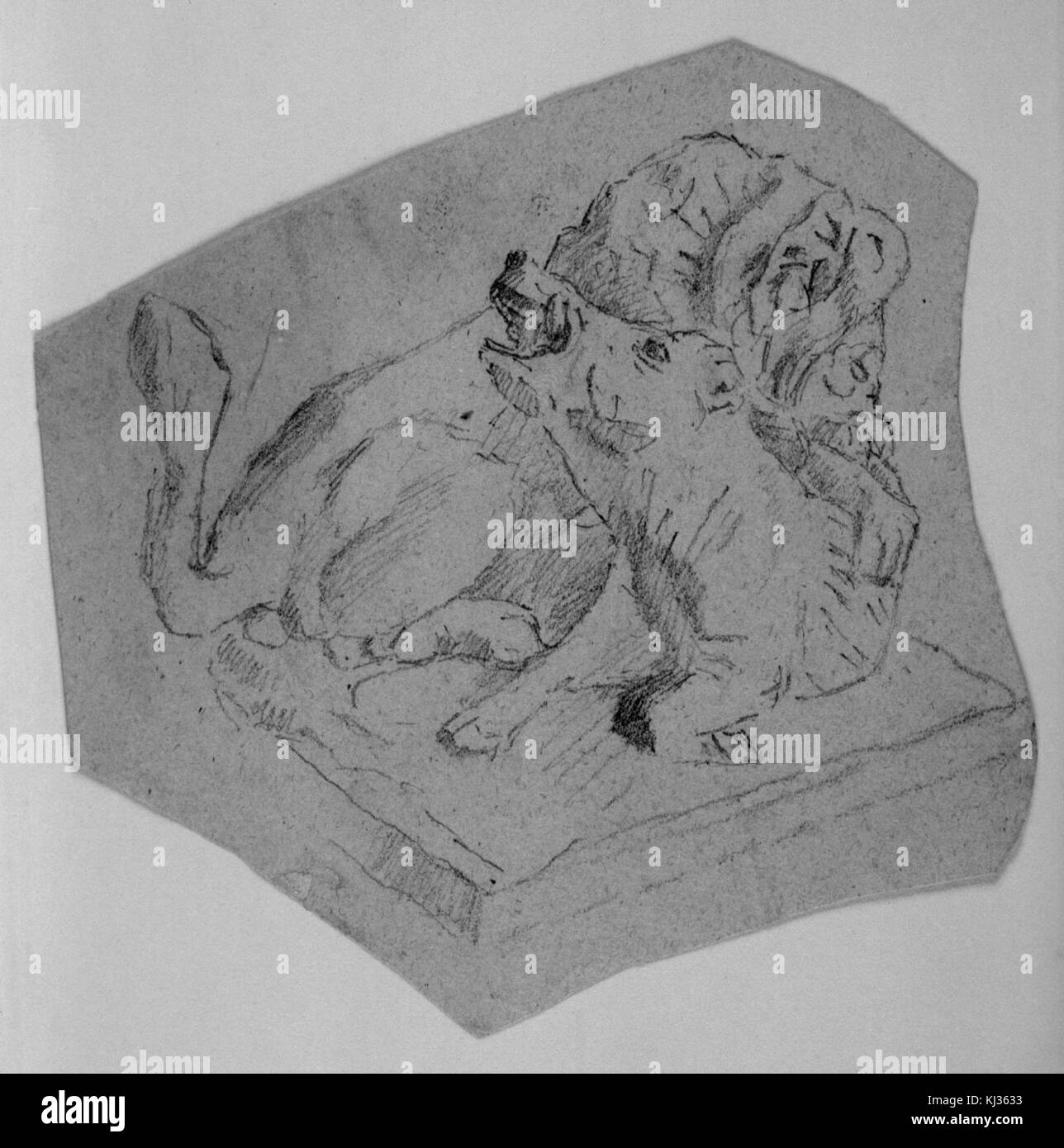 Questa scultura in bronzo di Antoine-Louis Barye, intitolata "Leone che attacca un cinghiale", cattura un momento dinamico di predazione nel regno animale. Il lavoro evidenzia l'abilità di Barye nel rendere anatomia e emozione animale. Foto Stock