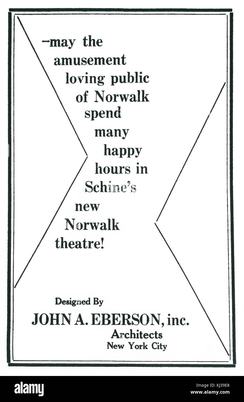 Questa pubblicità mostra il Norwalk Theatre, progettato dal famoso architetto John Eberson. Il teatro è noto per la sua grandezza architettonica e il suo posto nella storia del cinema americano. Foto Stock