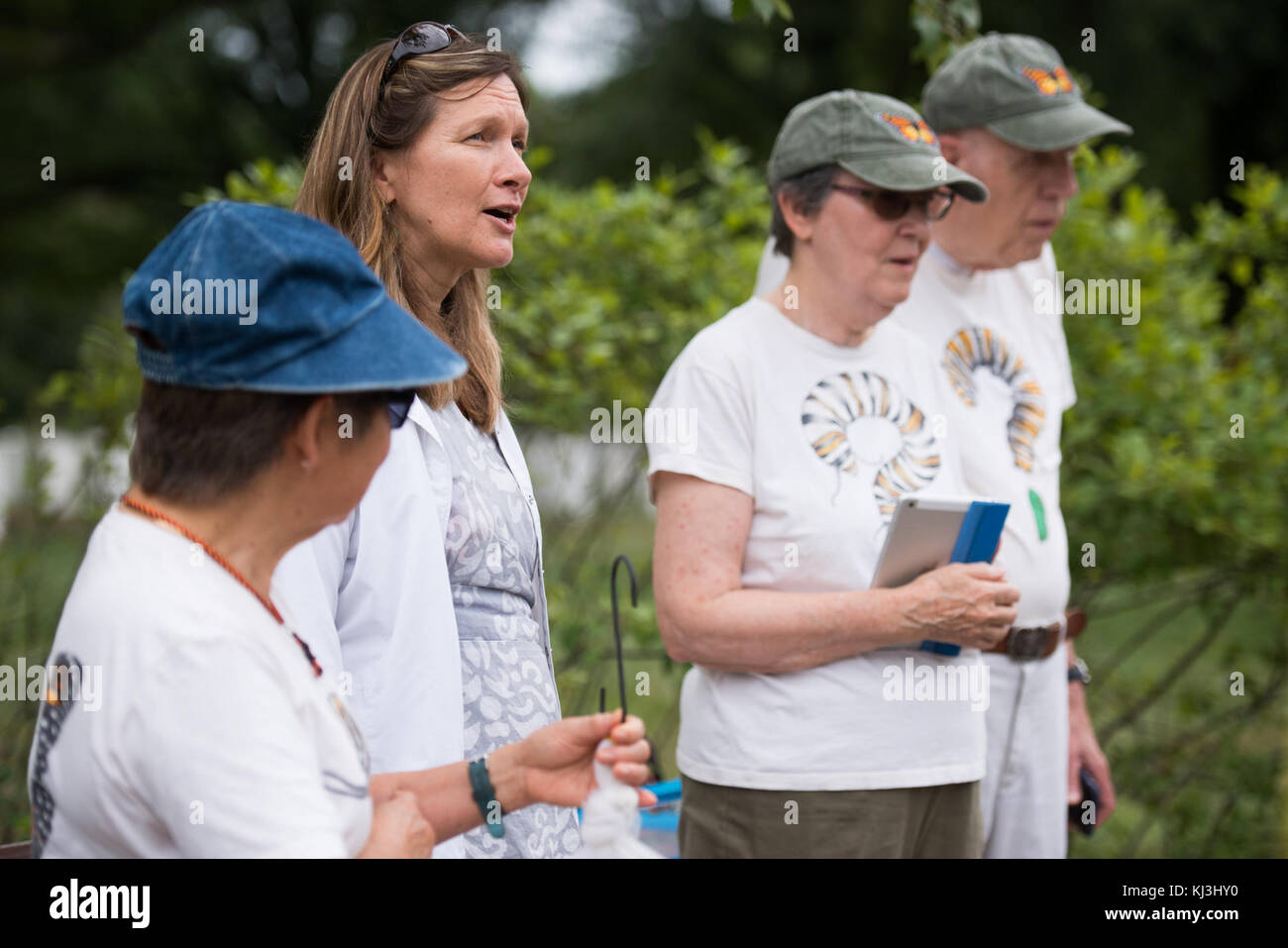 Volontari del Monarch Teacher Network liberano farfalle all'Arlington National Cemetery. Foto Stock