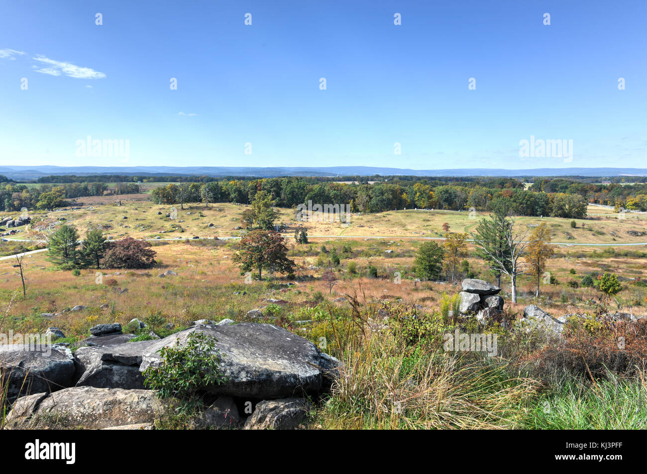 Vista dal little round top presso il Parco Militare Nazionale di Gettysburg, Pennsylvania Foto Stock