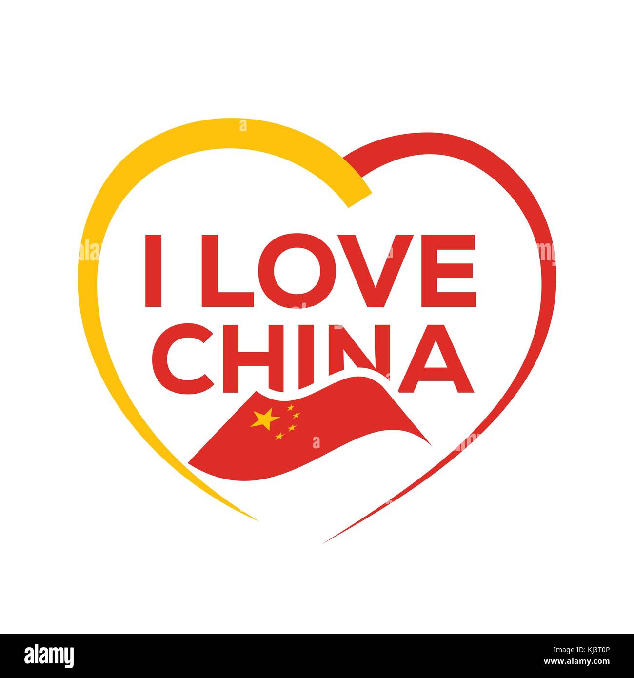 Io amo la Cina con contorno di cuore e la bandiera cinese, icona design, isolati su sfondo bianco. Illustrazione Vettoriale