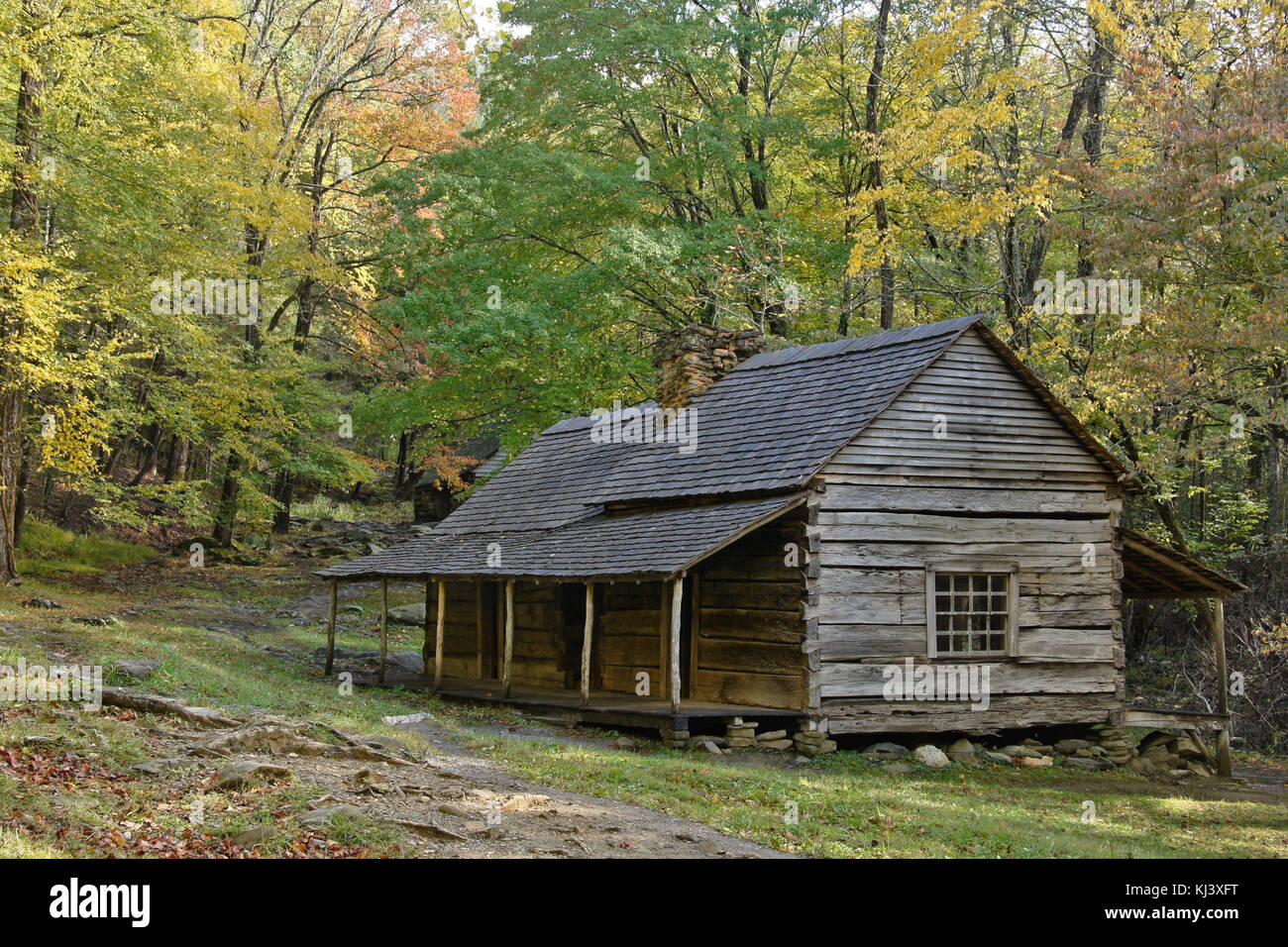 Il fogliame di autunno e log cabin a Noè "Bud" Ogle posto, Roaring Fork Motor Sentiero Natura, Great Smoky Mountains National Park, Tennessee Foto Stock