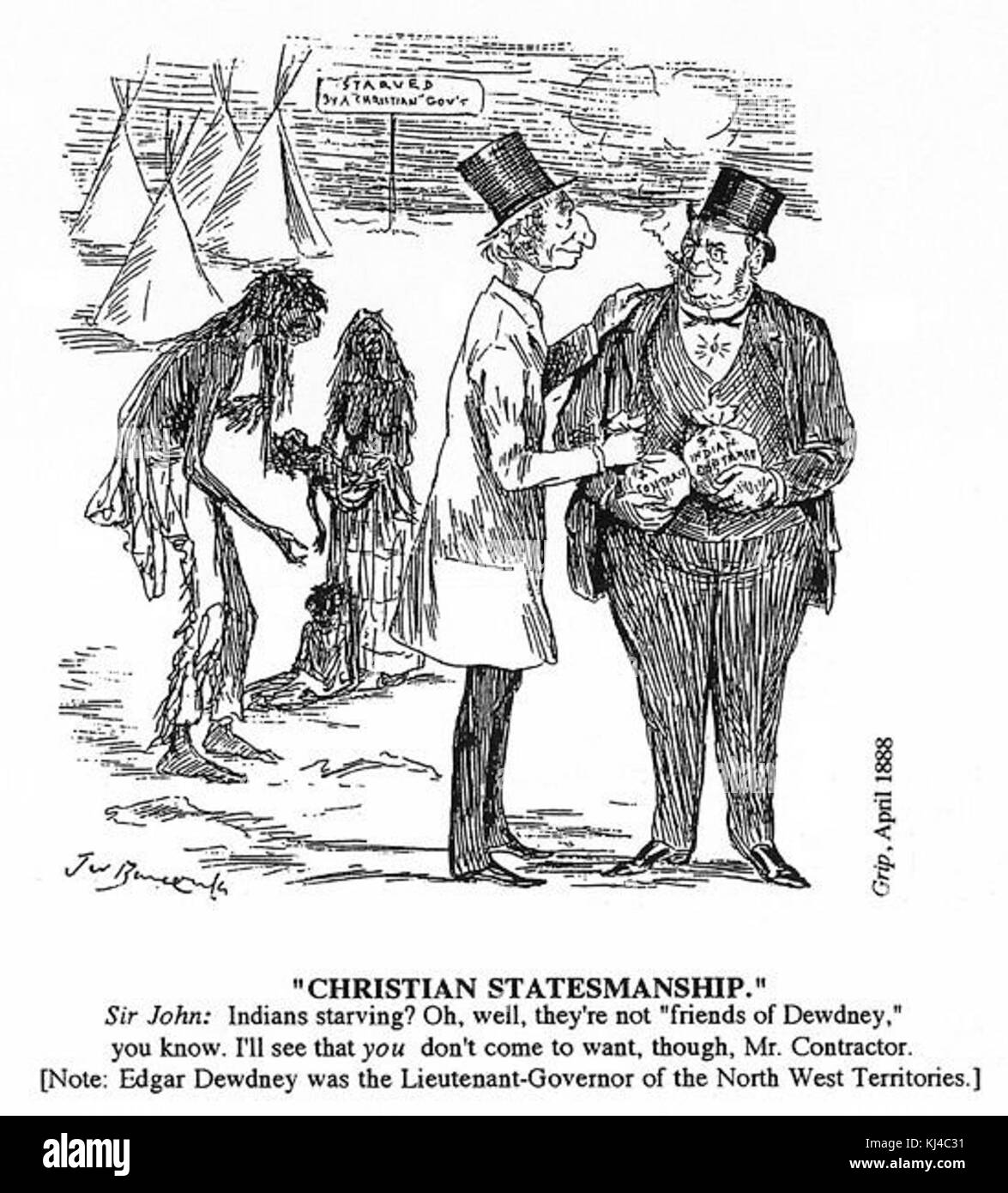 1888 Editorial cartoon di John A. MacDonald, Edgard Dewdney, e la fame Foto Stock