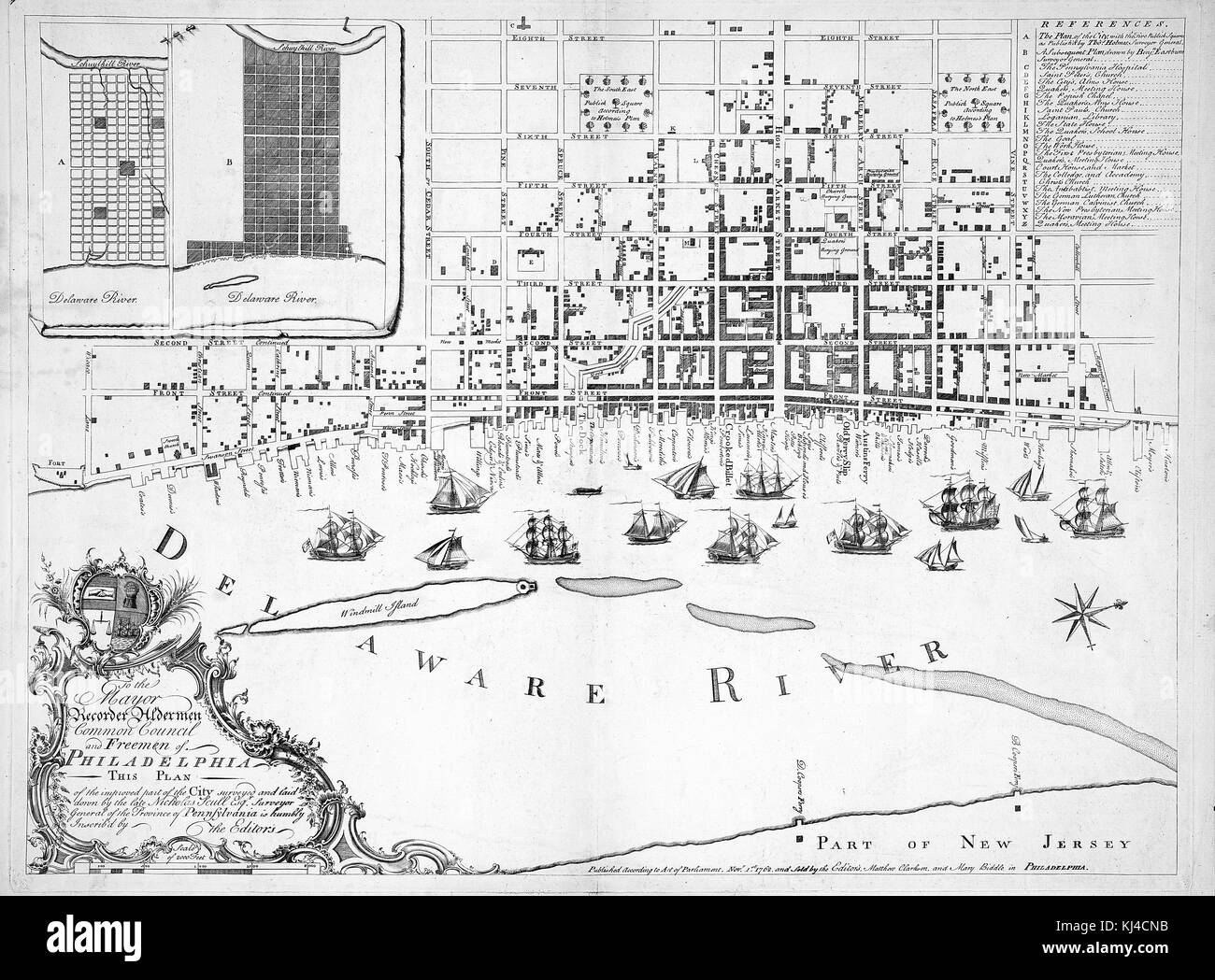 Mappa incisa del bacino del fiume Delaware con l'iscrizione, 'al sindaco registratore consigliere comune e liberi di Filadefia questo piano della parte migliorata della città', Benjamin Eastburn e Nicholas Scull topografi, 1762. Dalla New York Public Library. Foto Stock
