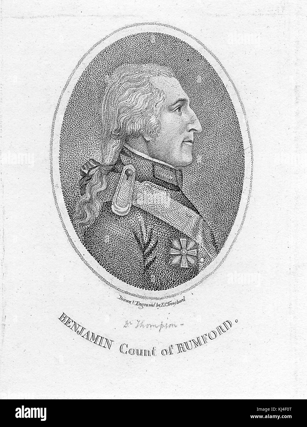 Incisione stipple di Benjamin Thompson, conte di Rumford, fisico e inventore britannico di origine americana le cui sfide alla teoria fisica stabilita facevano parte della rivoluzione del XIX secolo in termodinamica, di Edward C Trenchard, 1790. Dalla New York Public Library. Foto Stock