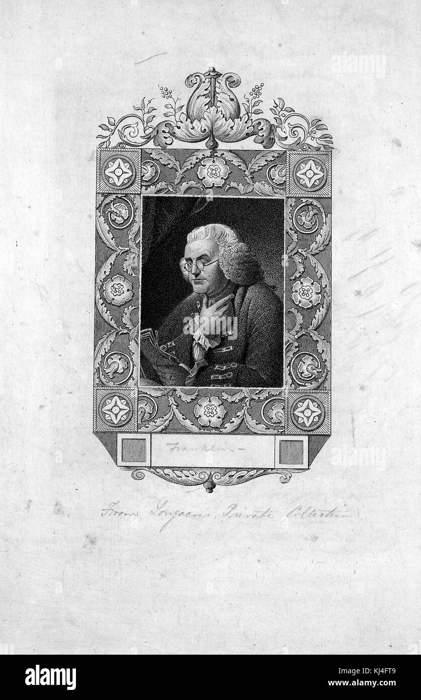 Ritratto inciso di Benjamin Franklin, seduto, mano sul collo, lettura, circondato da cornice ornata, 1830. Dalla New York Public Library. Foto Stock
