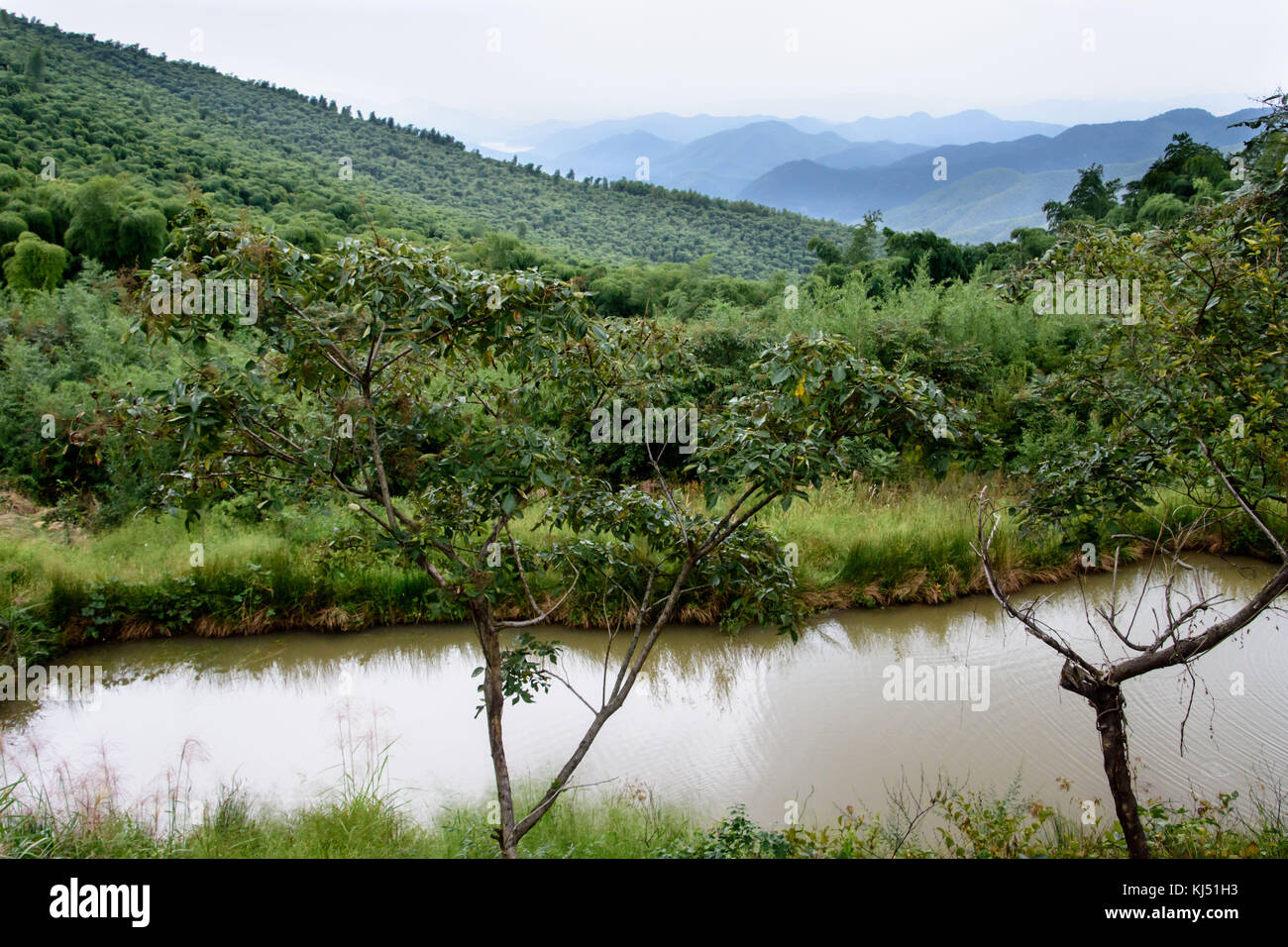 Vista sulla valle di montagna con la diga davanti a Moganshan, Cina Foto Stock