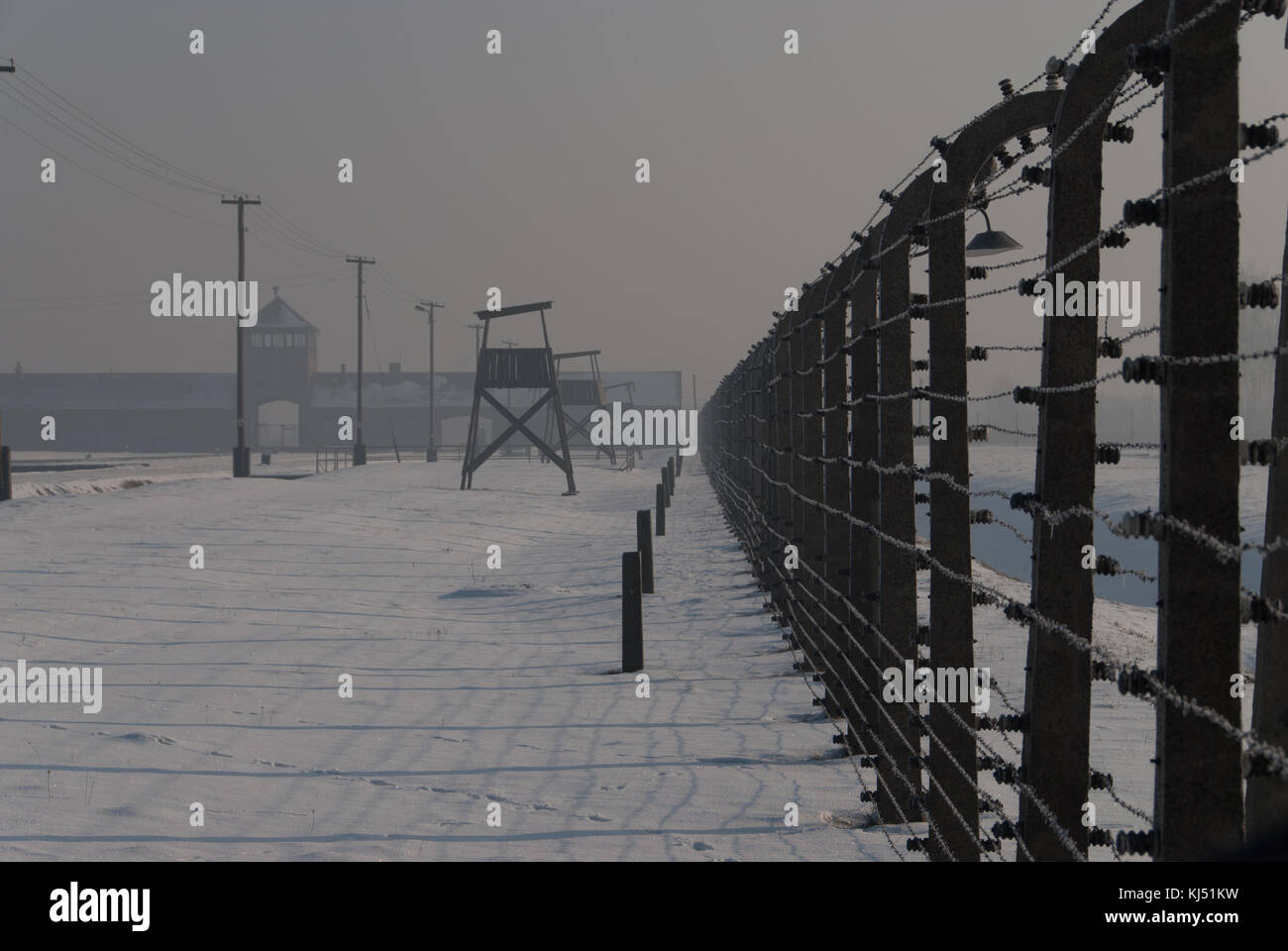 Campo di concentramento di Auschwitz - Fenceline e capanne di guardia che sfumano in distanza che illustra la grande scala del luogo Foto Stock