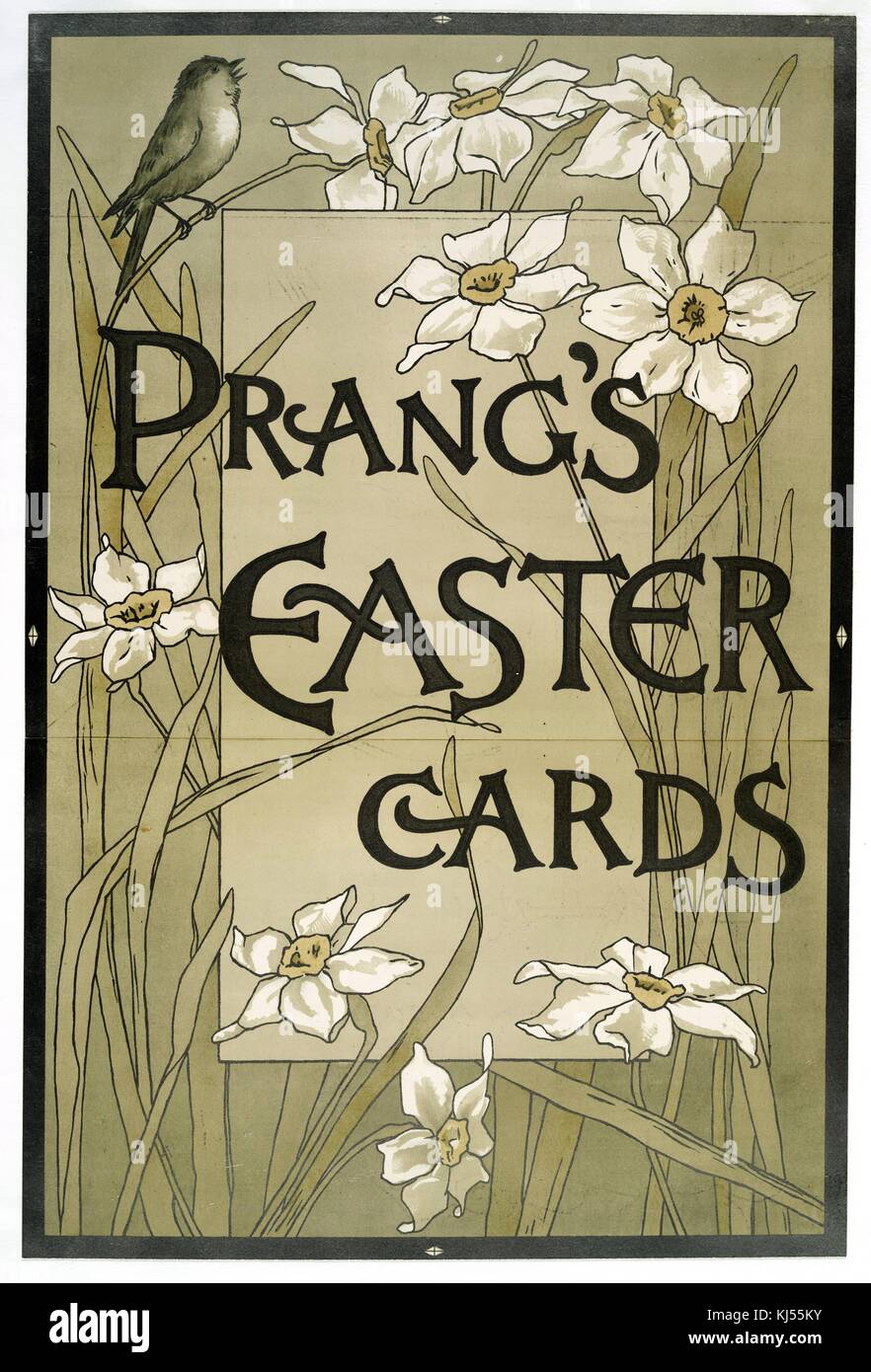 Chromolithograph poster pubblicità con le parole 'Prang's Easter Cards', raffigurante fiori bianchi e un uccello cinguettio in alto, 1900. Dalla Biblioteca pubblica di New York. Foto Stock