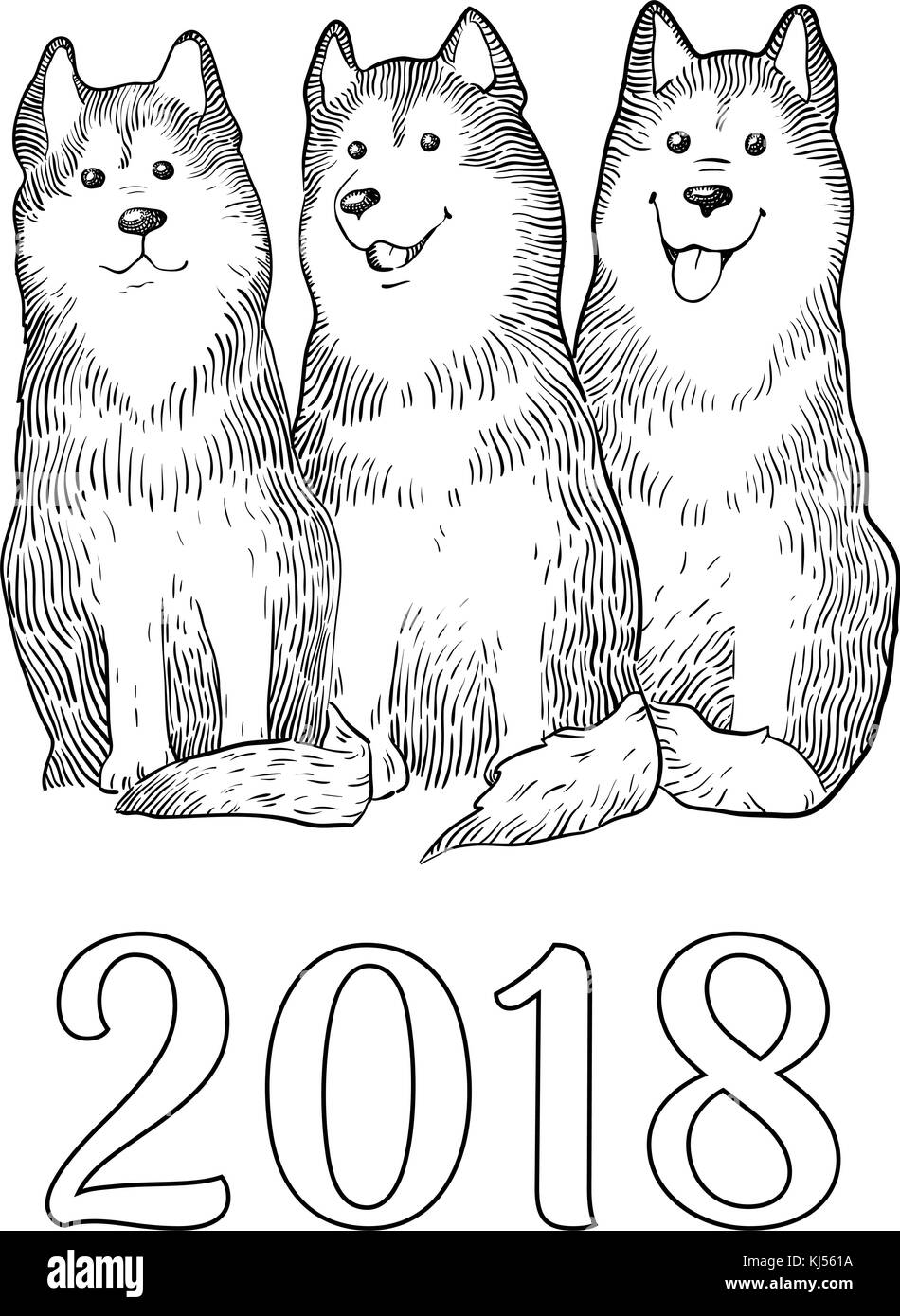 Congratulazioni scheda con tre divertenti cani husky, numero 2018. Il simbolo del nuovo anno. incisione colorata a mano schizzo di disegno isolato su sfondo bianco. Illustrazione Vettoriale