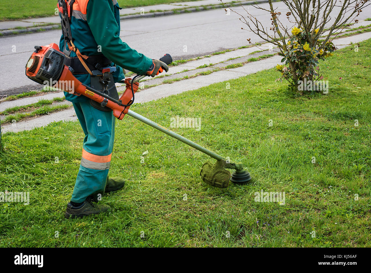 Uomo in generale e casco di sicurezza rivestimenti erba ricoperta da erba taglierina Foto Stock