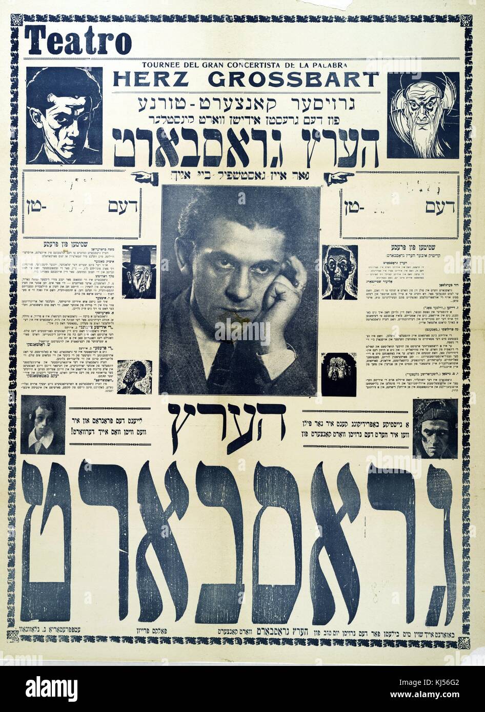 Un poster per una performance teatrale Yiddish, scritto principalmente in Yiddish, ma alcuni dettagli sono forniti in spagnolo, la performance includerà Herz Grossbart, 1900. Dalla Biblioteca pubblica di New York. Foto Stock
