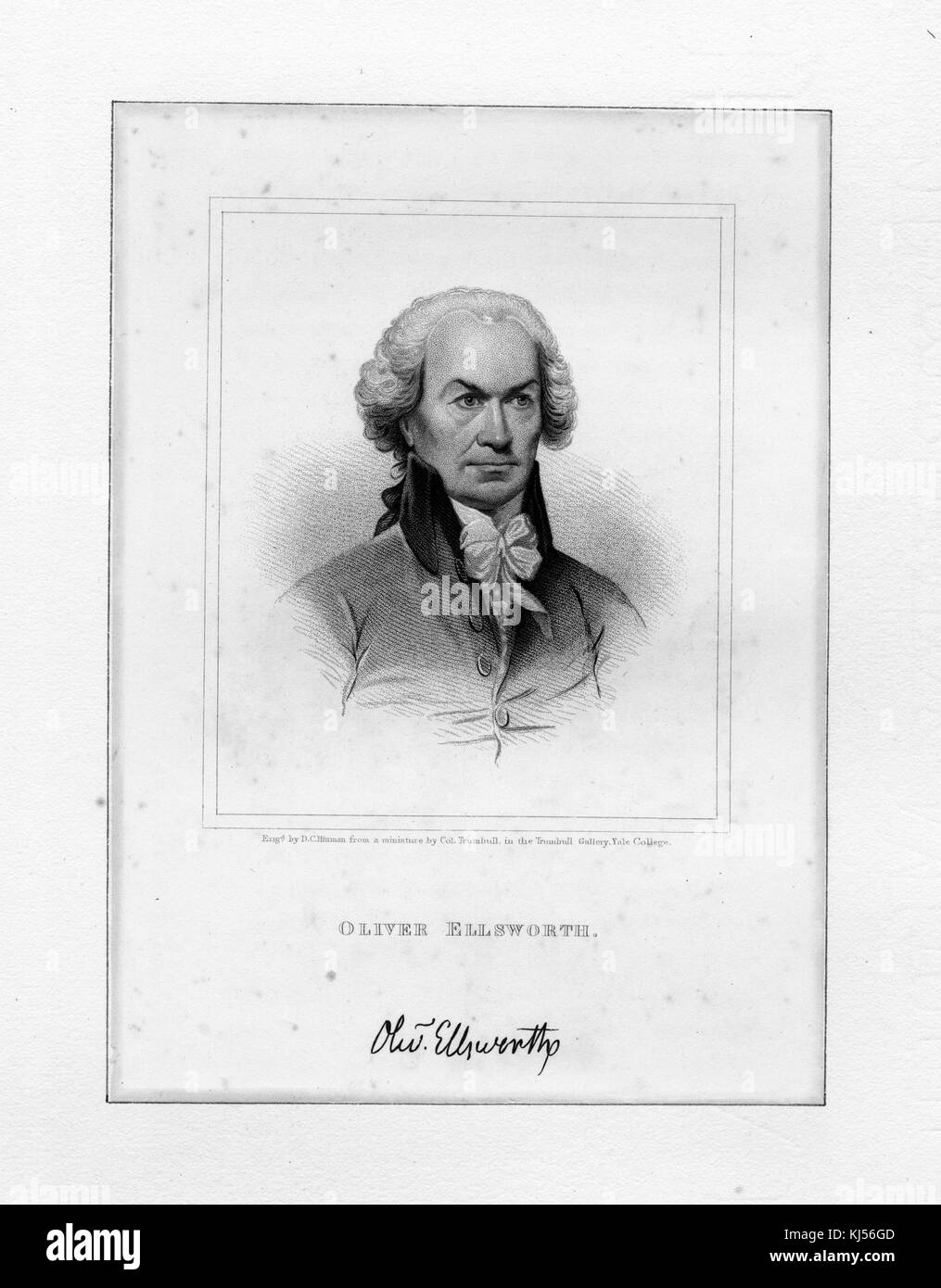 Incisi ritratto di oliver ellsworth, avvocato americano e uomo politico, un rivoluzionario contro la dominazione britannica, un redattore della Costituzione degli Stati uniti, Stati Uniti il senatore dal Connecticut, e il terzo capo della corte suprema, la sua firma in fondo, 1802. dalla biblioteca pubblica di new york. Foto Stock