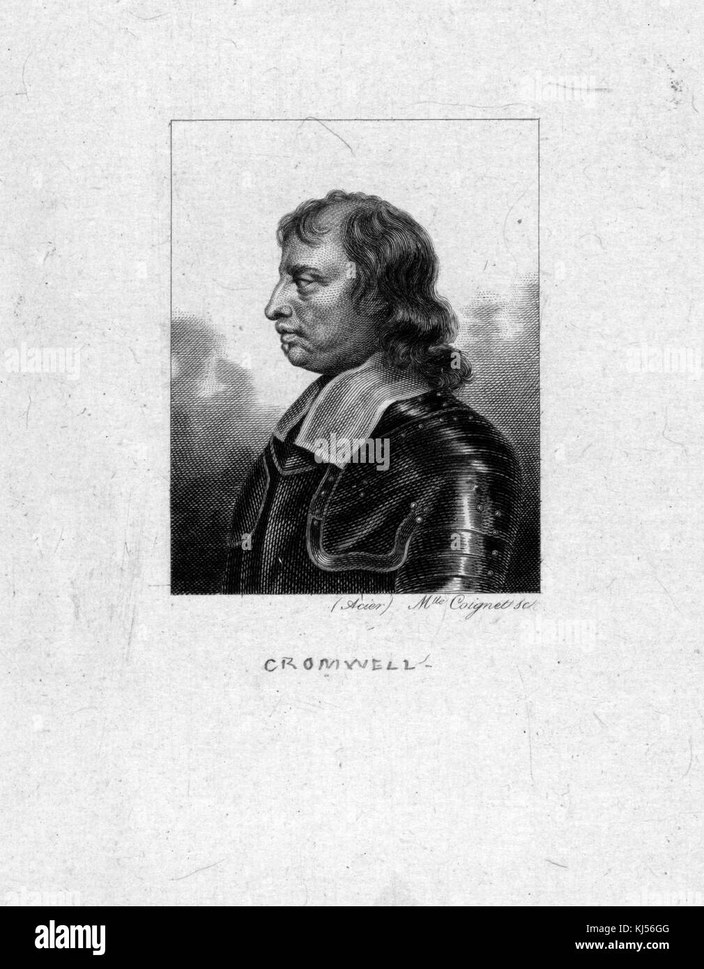 Ritratto inciso di Oliver Cromwell, leader militare e politico inglese e poi Lord Protettore del Commonwealth d'Inghilterra, Scozia e Irlanda, nel profilo, 1881. Dalla New York Public Library. Foto Stock