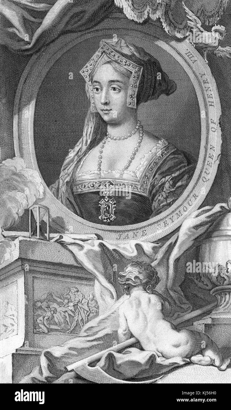 Ritratto inciso di Jane Seymour, regina d'Inghilterra dal 1536 al 1537 come terza moglie di re Enrico VIII, circondato da una cornice ovale, con un panno drappeggiato e cherubino in fondo, pubblicato da John e Paul Knapton, Londra, Regno Unito, 1738. Dalla Biblioteca pubblica di New York. Foto Stock