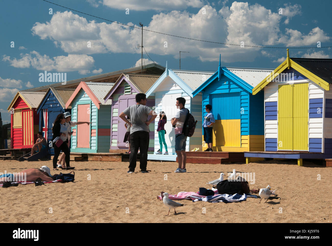 Epoca Vittoriana scatole di balneazione sul Dendy Street Beach, a Brighton sulla Port Phillip Bay, Melbourne Foto Stock