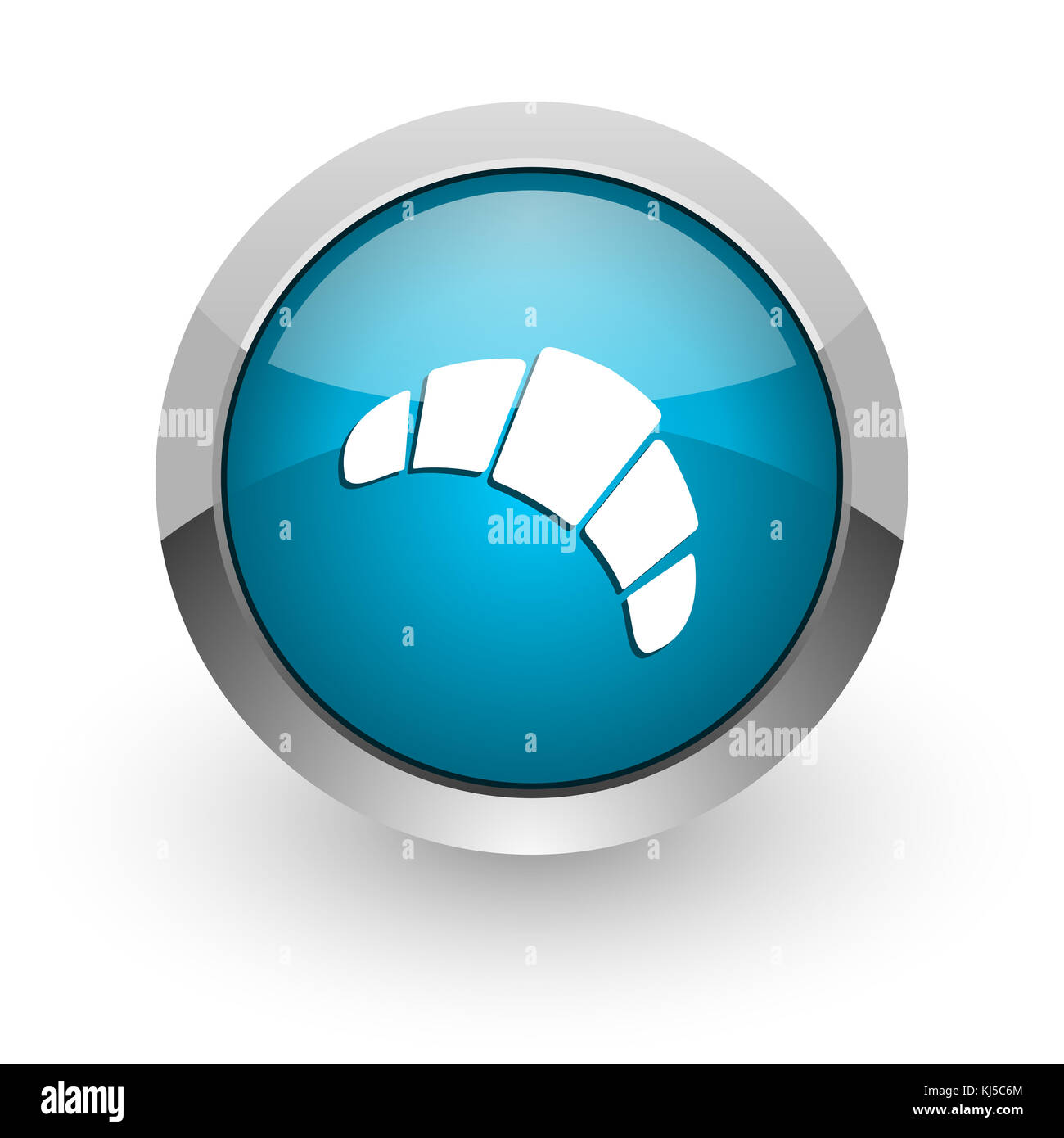 Croissant blu argento cromato con bordo cromato metallizzato e icona del telefono cellulare su sfondo bianco con ombra Foto Stock