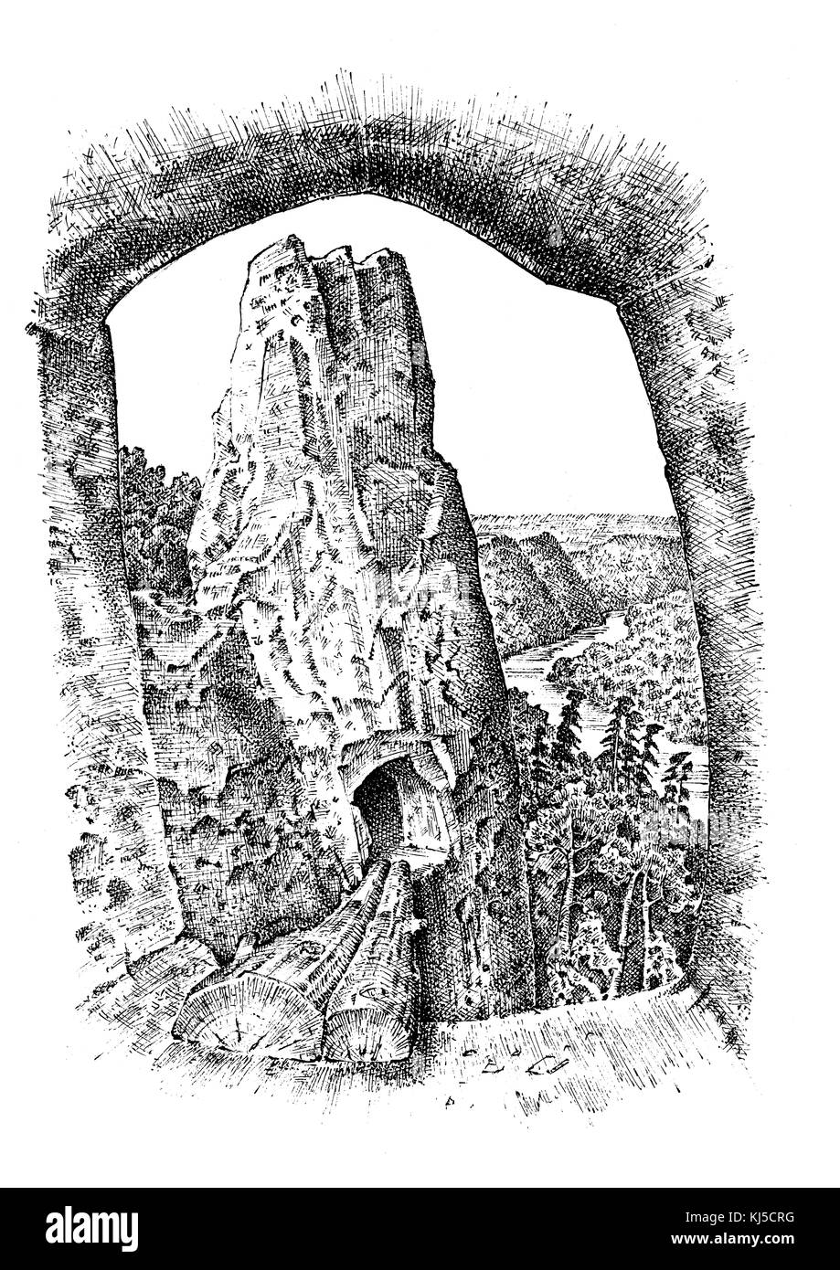 Vintage House su una roccia. rurale chiesa orientale sulla montagna o cliff. Rustica monastero. incisi disegnati a mano nel vecchio sketch. sfondo ci sviatohirsk Foto Stock