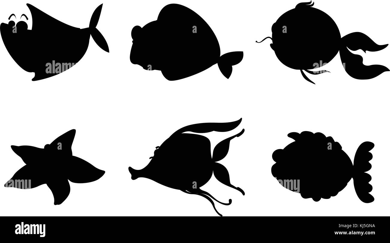 Illustrazione delle diverse sagome di creature del mare su sfondo bianco Illustrazione Vettoriale