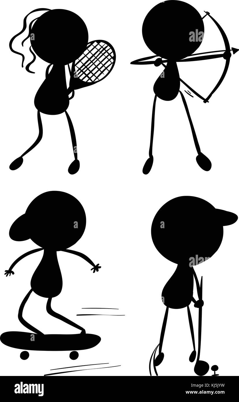 Illustrazione delle sagome di persone che giocano Sport su sfondo bianco Illustrazione Vettoriale