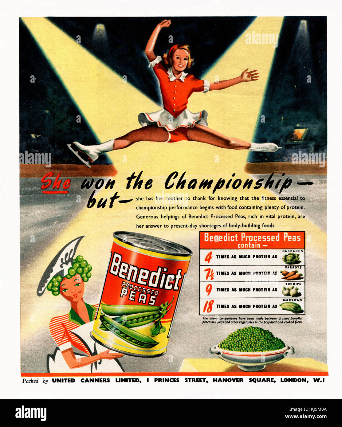 Pubblicità della rivista 1947 per Benedict Processed Peas. I piselli sono stati prodotti dalla United Canners di Londra. L'annuncio presenta un'illustrazione di un pattinatore di ghiaccio e promuove il contenuto proteico dei piselli Foto Stock