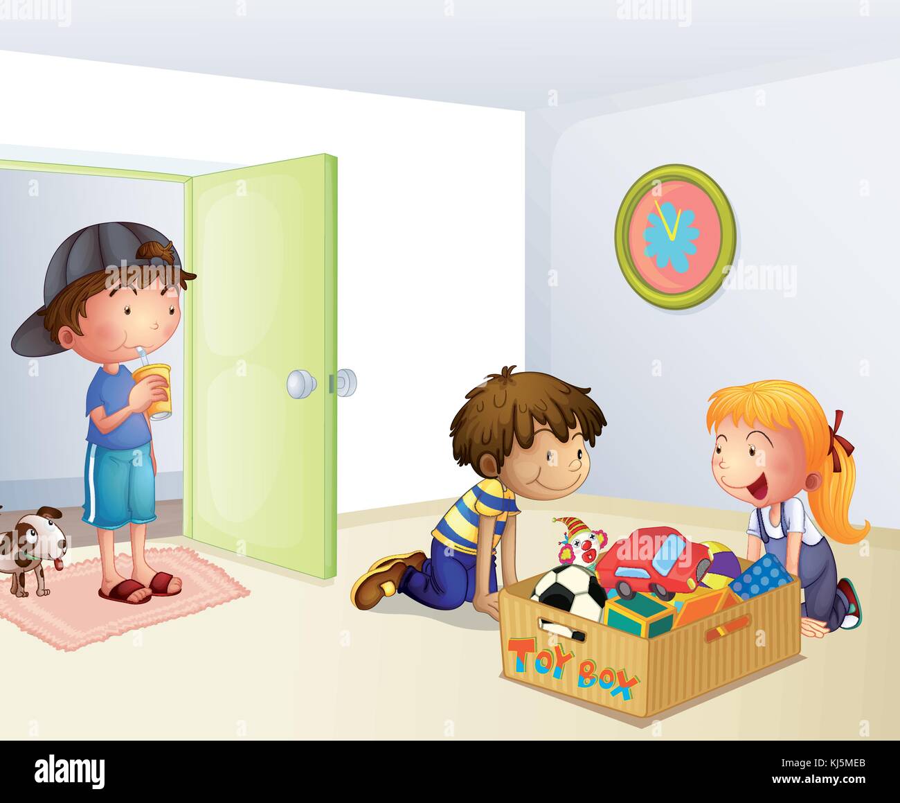 Illustrazione dei tre ragazzi dentro la casa con una scatola di giocattoli  Immagine e Vettoriale - Alamy