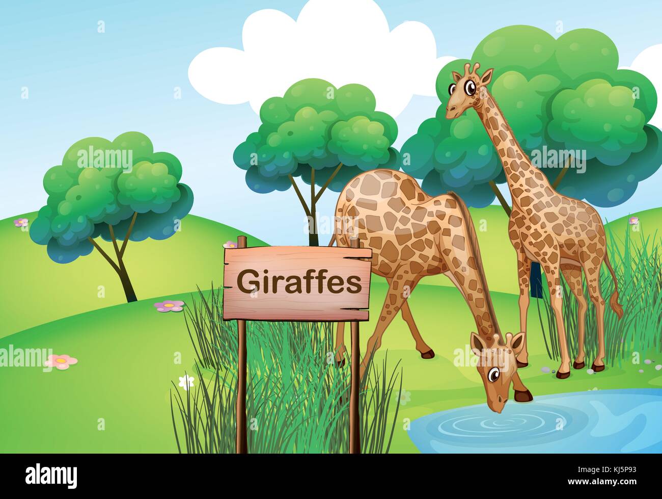 Illustrazione di due giraffe presso la foresta con un cartello in legno board Illustrazione Vettoriale